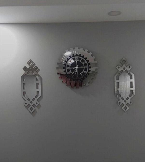 Eyka Store Gümüş Renk Plexiglass Ayna Piyano Model Duvar Saati, Tablo 3 Parça Set Özel Tasarım - Image 1