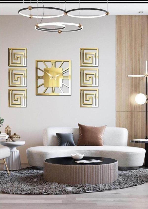 Eyka Store Modern Dekoratif 6 Tablo + Orta Aynalı Gold Plexiglass Kare Saat 7 Parça Takım Özel Dizayn Set - Image 1