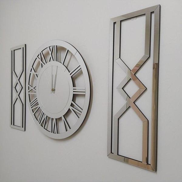 Eyka Store Modern Dekoratif Gümüş Aynalı Plexiglass Duvar Saati, 2 Adet Kum Saati Tasarım Tablo 3 Parça Set - Image 1