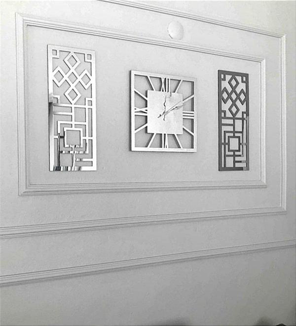Eyka Store Modern Dekoratif Saat Duvar Tablo Saat 3'Lü Set. Gümüş Kare Saat, Geometrik Şekil Yan Tablolar. - Image 1