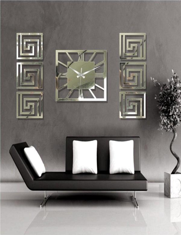 Eyka Store Modern Şık Dekoratif 6 Tablo + Orta Aynalı Gümüş Plexiglass Kare Saat 7 Parça Takım Özel Dizayn Set - Image 1