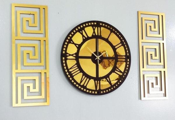 Eyka Store Rustik Tarz Gold Ayna Üzeri Siyah Ahşap İşlemeli Saat 3 Lü Set - Image 1