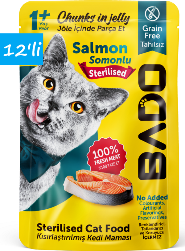 Bado Kısırlaştırılmış Yetişkin Yaş Kedi Maması Somonlu 85Gr 12'li - Image 1