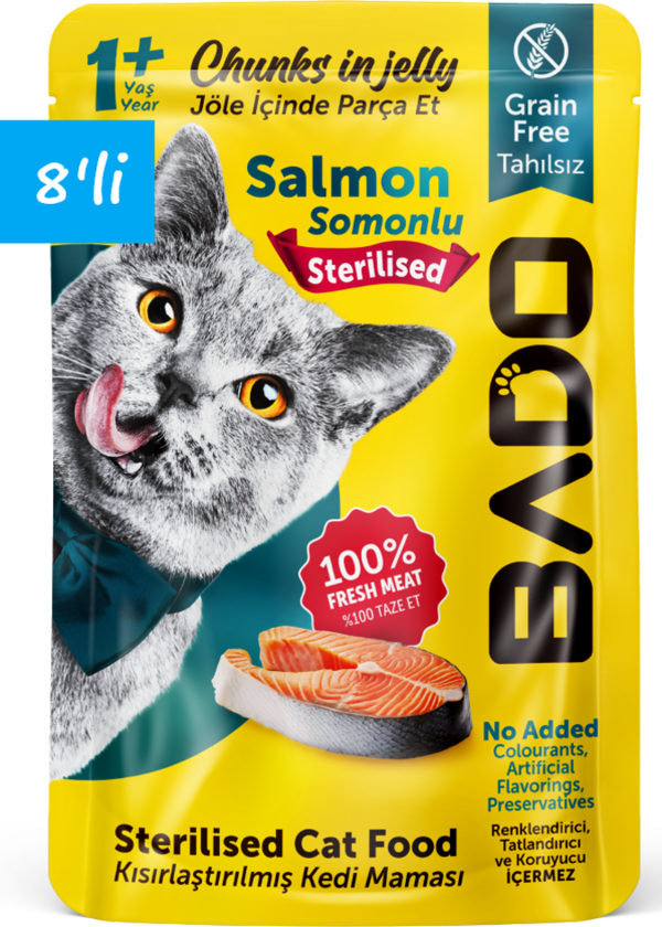 Bado Kısırlaştırılmış Yetişkin Yaş Kedi Maması Somonlu 85Gr 8'li - Image 1