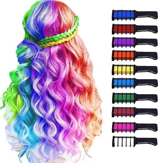 Saç Tebeşiri Taraklı 10 lu Renkli Saç Boyası Tebeşiri Geçici Saç Tebeşir Seti hair Chalk - Image 1