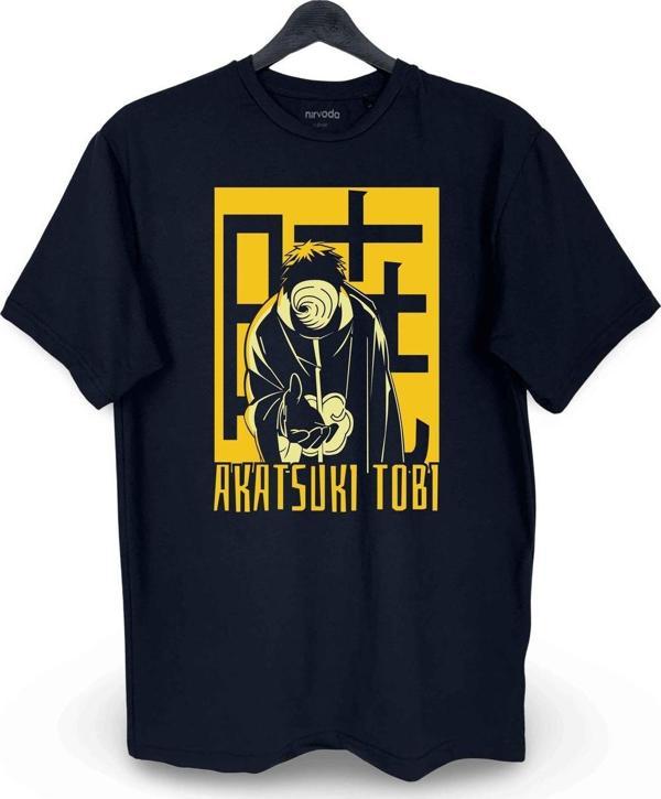 Akatsuki Tobi Obito Naruto Baskılı Loose Fit Bisiklet Yaka Unisex Tişört Siyah - Image 1