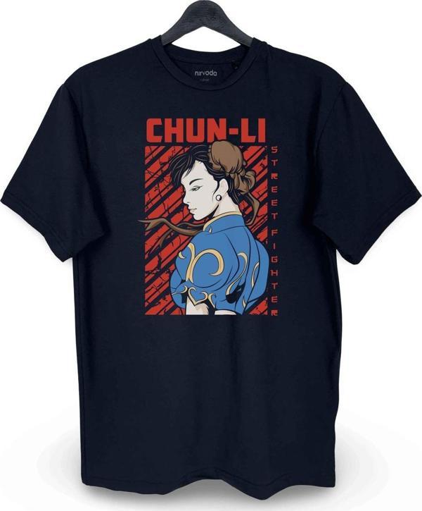 Chun Li Street Fighter Baskılı Loose Fit Bisiklet Yaka Unisex Tişört Siyah - Image 1