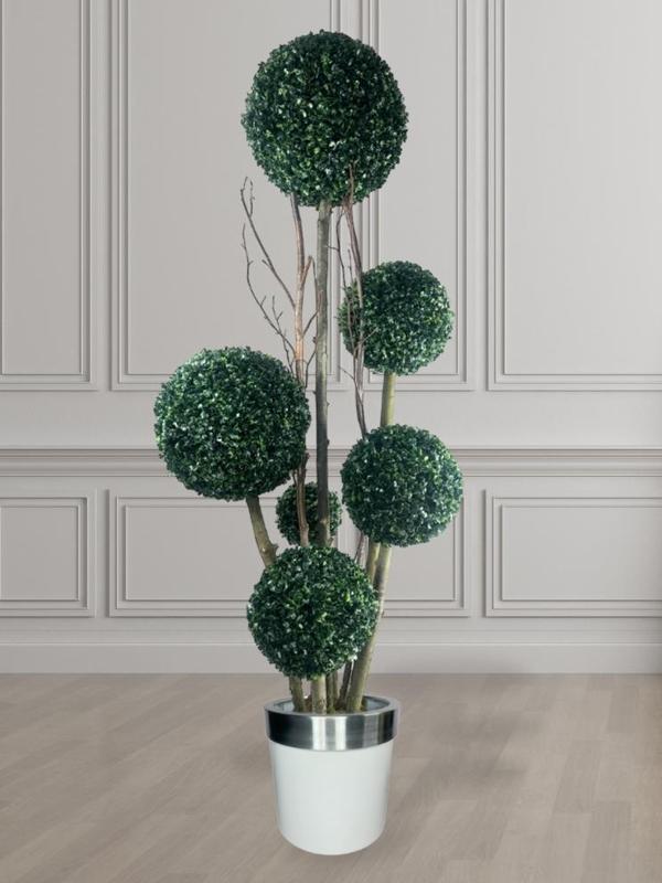 Netten Evime Yapay Ağaç Gümüş Kemerli Beyaz Galvaniz Saksıda Yeşil Top Şimşir Ağacı 6 Toplu 175 cm Yapay Çiçek - Image 1