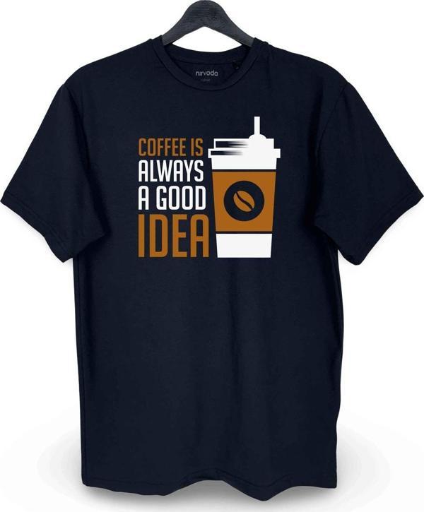 Kahve İyi Fikir Baskılı Loose Fit Bisiklet Yaka Unisex Tişört Siyah - Image 1