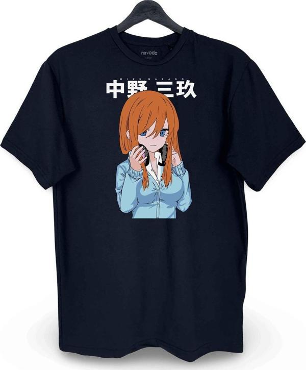 Miku Nakano Baskılı Loose Fit Bisiklet Yaka Unisex Tişört Siyah - Image 1