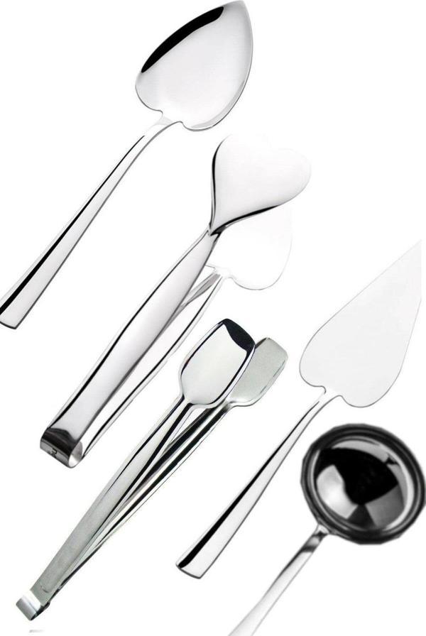 Nehir Paslanmaz Çelik 5li Servis Maşa Spatula Kaşık Izgara Kepçe Takımı Seti - Image 1