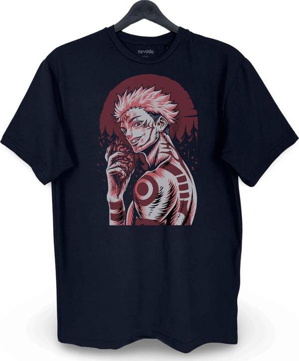Sukuna Jujutsu Kaisen Baskılı Loose Fit Bisiklet Yaka Unisex Tişört Siyah - Image 1