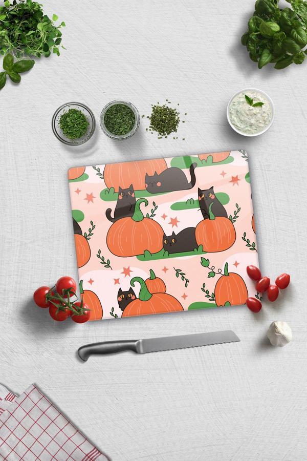Cam Kesme Tahtası - Cam Kesme Tablası | Balkabağı ve Kedi | 29cm x 34cm - Image 1