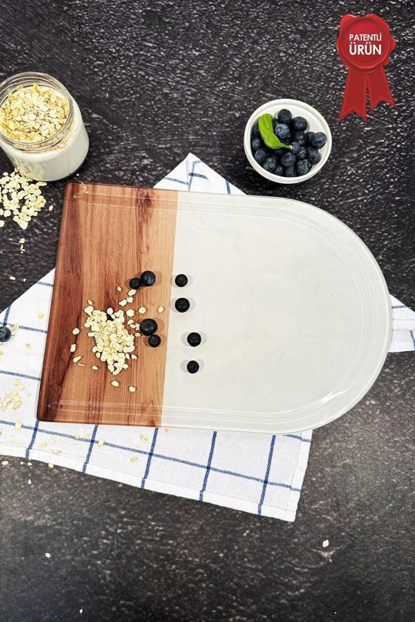 Kanallı Cam Kesme Tahtası - Cam Kesme Tablası | Kenarı Ahşap Desenli - Kenarı Oval | 25cm x 35cm | Patentli Ürün - Image 1