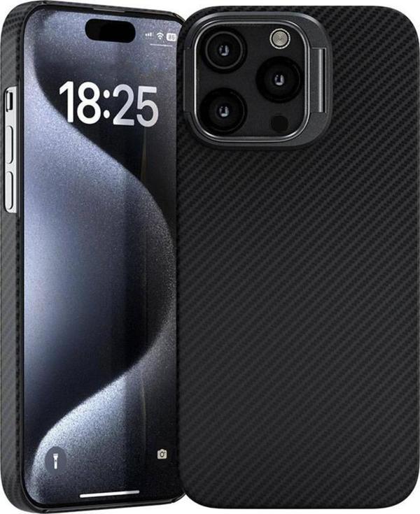 Apple iPhone 15 Pro Kılıf Magsafe Şarj Özellikli 600D Kevlar Zore Krek Karbon Standlı Kapak - Image 1