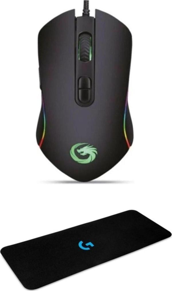 Lunatic Hawk Siyah Makrolu 6400Dpi RGB Ledli Gaming Oyuncu Mouse Drag Click Mouse Pad - Image 1