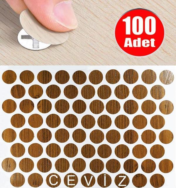 Yapışkanlı Tıpa Mobilya Dolap Vida Kapatma Gizleme Yapıştırma Kapağı Ceviz -100 Adet - Image 1