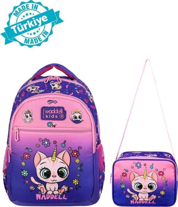 Waddell Lisanslı Mor-Pembe Kedi Desenli İlkokul Kız Çocuk Sırt Çantası Ve Beslenme Çantası - Image 1