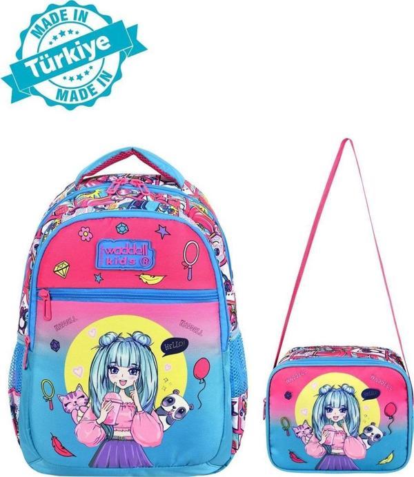 Waddell Lisanslı Pembe-Turkuaz Anime Kız Desenli Kız Çocuk İlkokul Sırt Çantası Ve Beslenme Çantası - Image 1