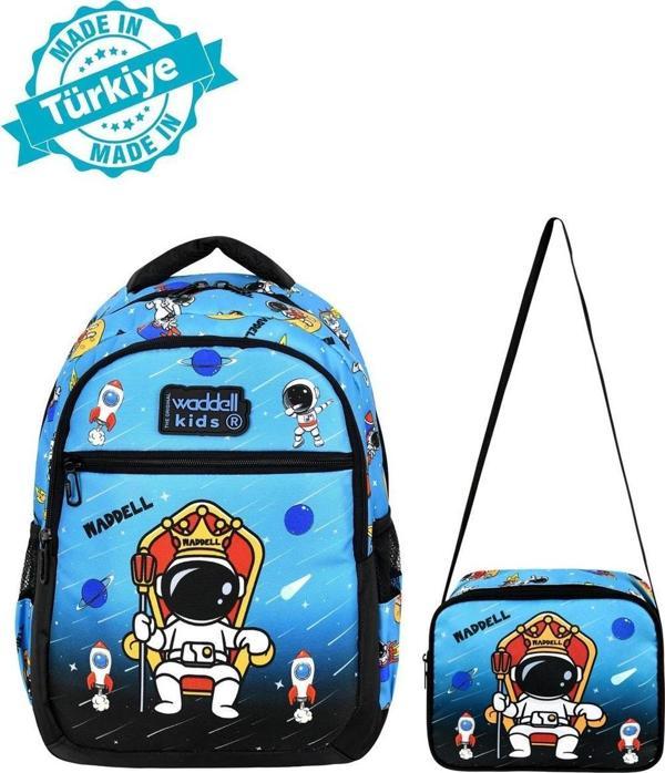 Waddell Lisanslı Siyah-Mavi Astronot Desenli Erkek Çocuk İlkokul Sırt Çantası Ve Beslenme Çantası - Image 1