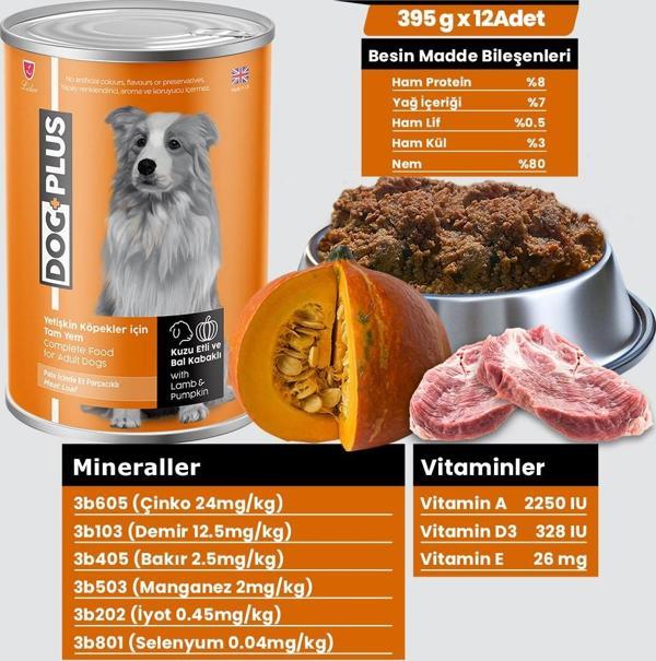 DogPlus Pate İçinde Et Parçacıklı Kuzu Etli ve Balkabaklı Yetişkin Köpek Konserve Yaş Mama 395 Gr x 12 Adet - Image 1
