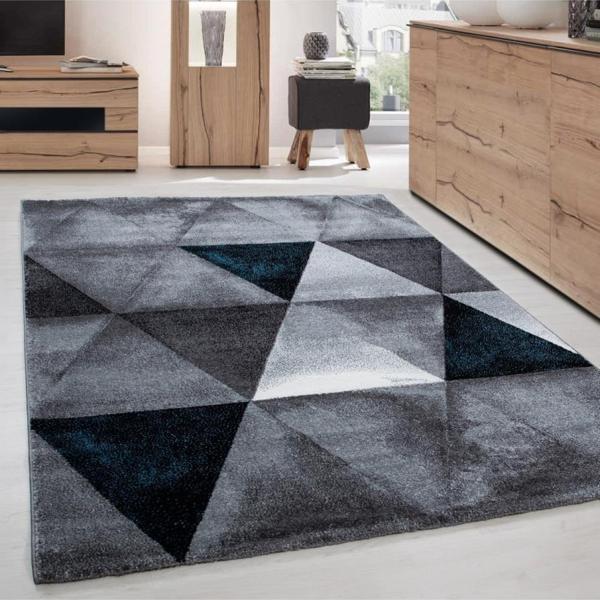 Halı modern tasarımlı kısa havlı ücgen desenli salon halısı Siyah Gri Mavi - Image 1
