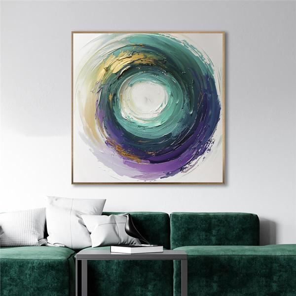 Tablosan Yağlı Boya Dokulu Tablo Soyut Renkli Halka Altın Çerçeveli U08099 - Image 1