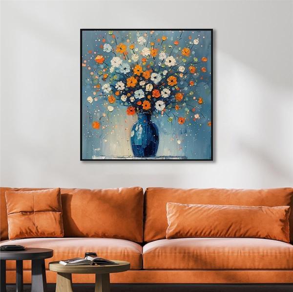 Tablosan Yağlı Boya Dokulu Tablo Vazoda Renkli Modern Çiçekler Siyah Çerçeveli U02061 - Image 1