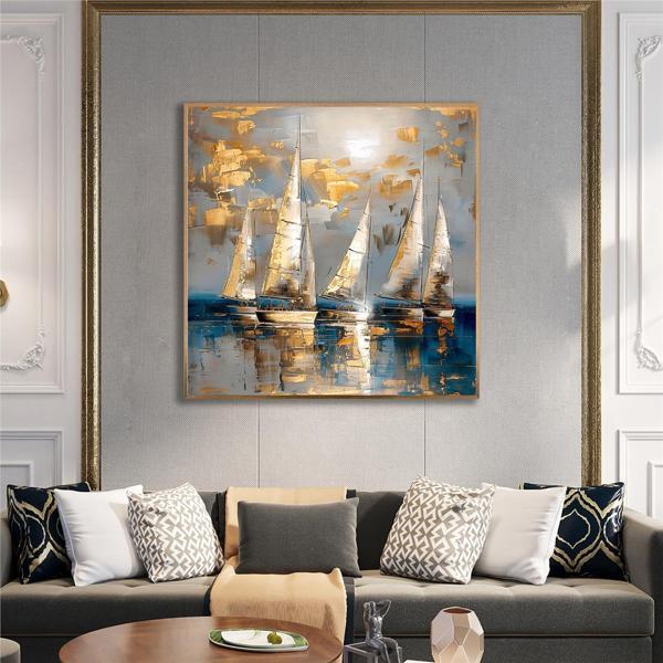 Tablosan Yağlı Boya Dokulu Tablo Modern Denizde Yelkenliler Altın Çerçeveli U06033 - Image 1