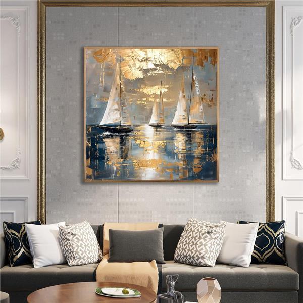 Tablosan Yağlı Boya Dokulu Tablo Modern Denizde Yelkenliler Altın Çerçeveli U06034 - Image 1