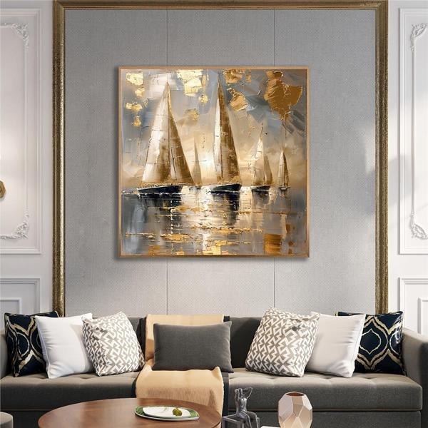 Tablosan Yağlı Boya Dokulu Tablo Modern Denizde Yelkenliler Altın Çerçeveli U06035 - Image 1