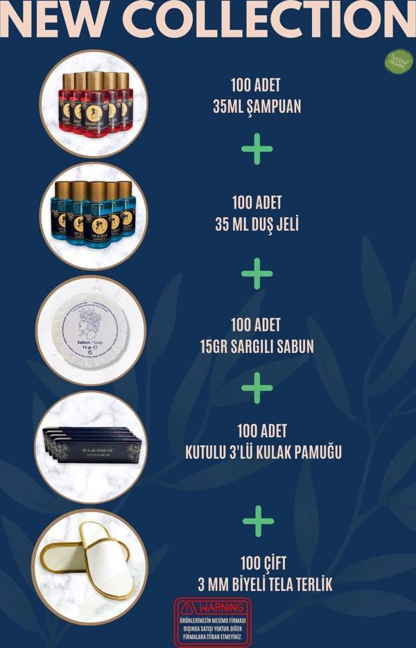 Otel Şampuanı + Duş Jeli + Sabunu + 3'lü Kulak Pamuğu + Terlik 100'lü Set Etiketli - Image 1
