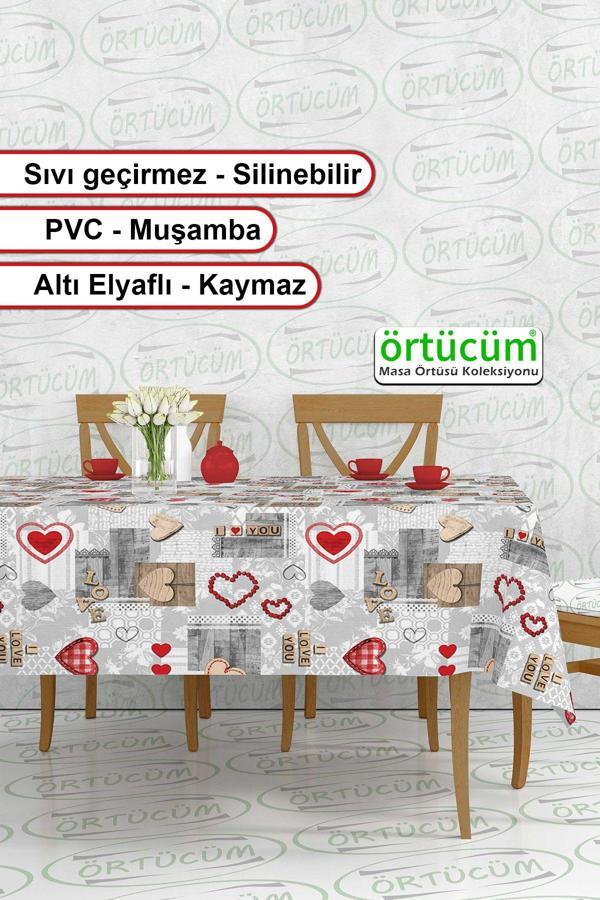 Örtücüm Pvc Muşamba Mutfak Masa Örtüsü Kalp Desenli Elyaflı Silinebilir Leke Tutmaz Sıvı Geçirmez - Image 1