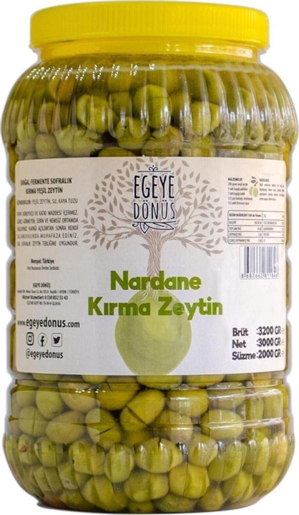 Egeye Dönüş Ev Yapımı Geleneksel Nardane Mini Boy Yeşil Kırma Zeytin - 2 Kg (NATUREL SALAMURA TUZ VE SU İÇERİR) - Image 1