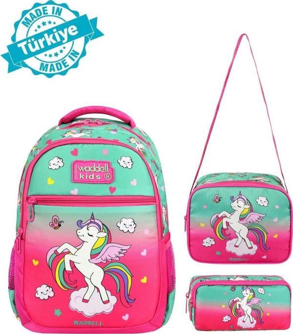 Waddell Lisanslı Su Yeşili-Fuşya Unicorn Desenli Kız Çocuk İlkokul Sırt Çantası,Beslenme Çantası Ve Kalemlik - Image 1