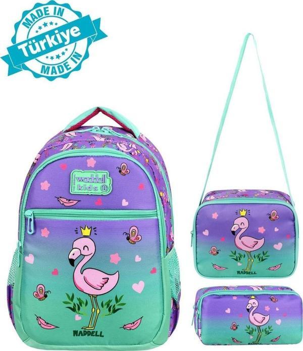 Waddell Lisanslı Lila-Su Yeşili Flamingo Desenli Kız Çocuk İlkokul Sırt Çantası,Beslenme Çantası Ve Kalemlik - Image 1
