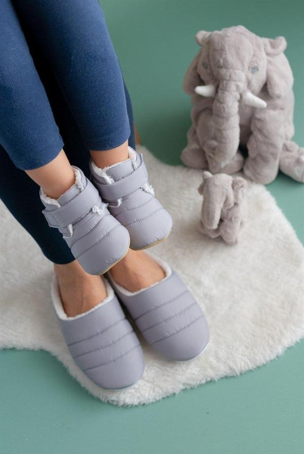 Paraşüt Kumaş Kürklü Gri Anne Terlik ve Bebek Panduf (Terlik ve panduf ayrı satılmaktadır.)-T-1007 - Image 1