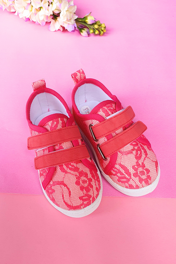 Çift Cırtlı Dantelli Keten Spor Çocuk Ayakkabısı-FUŞYA-F-4005 - Image 1