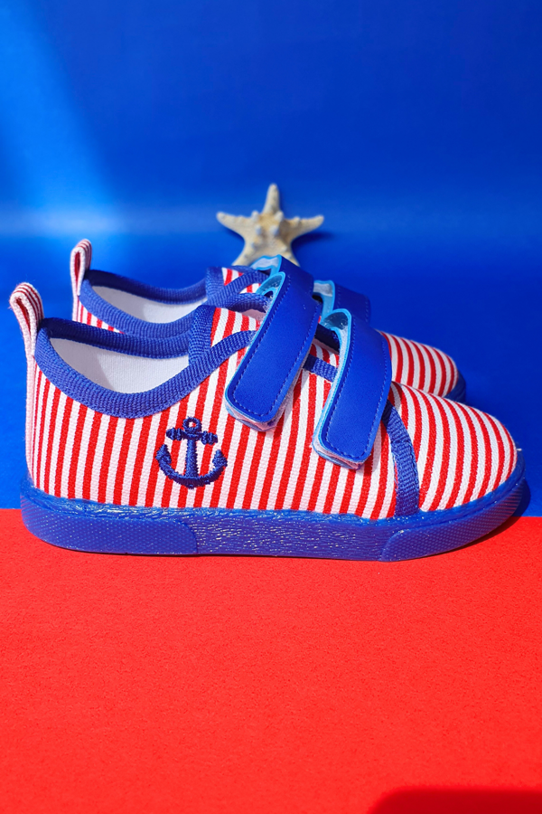 Kırmızı Çizgili Çocuk Keten Spor Ayakkabı Saks-F-496 - Image 1