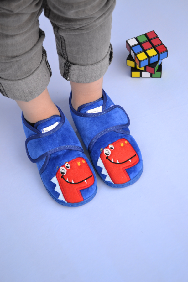 Kırmızı Dinozor Nakışlı Saks Erkek Çocuk Cırt Cırtlı Panduf-F-743 - Image 1