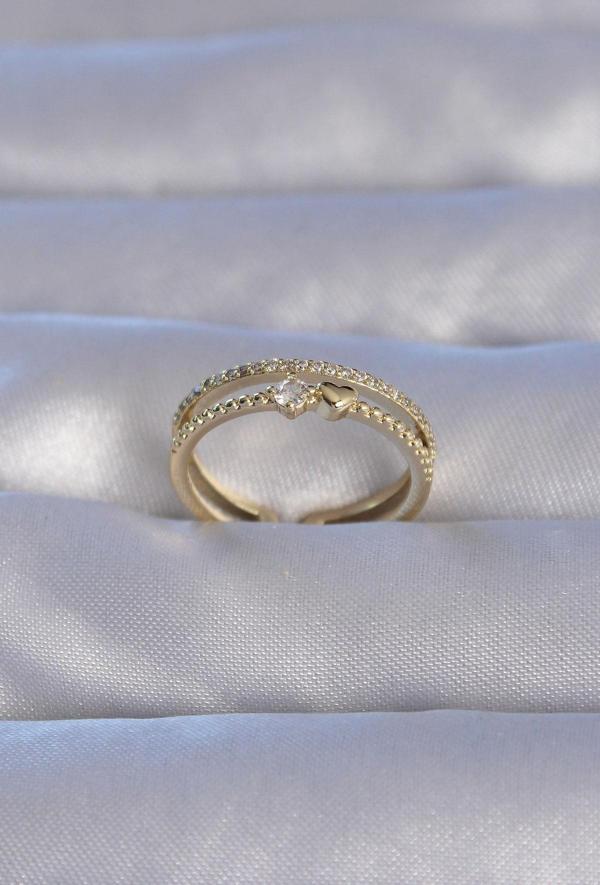 Pirinç Gold Renk Zirkon Taşlı Kalpli Su Yolu Model Ayarlanabilir Yüzük - EBJ240714W25336 - Image 1