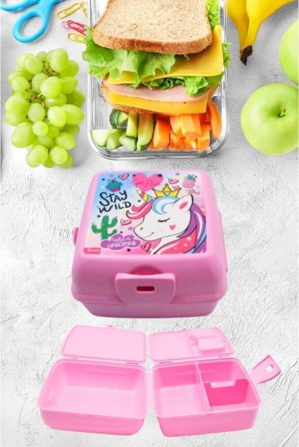 Piev 2 Bölmeli Kilitli Çatal Kaşıklı Unicorn Beslenme Kabı Pembe - Image 1