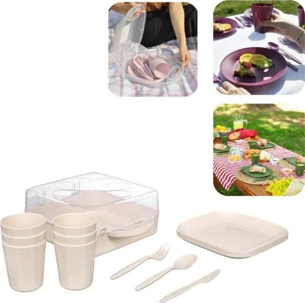 Piev Urve Kamp Seyahat Servis Piknik Seti 6 Kişilik Krem - Image 1