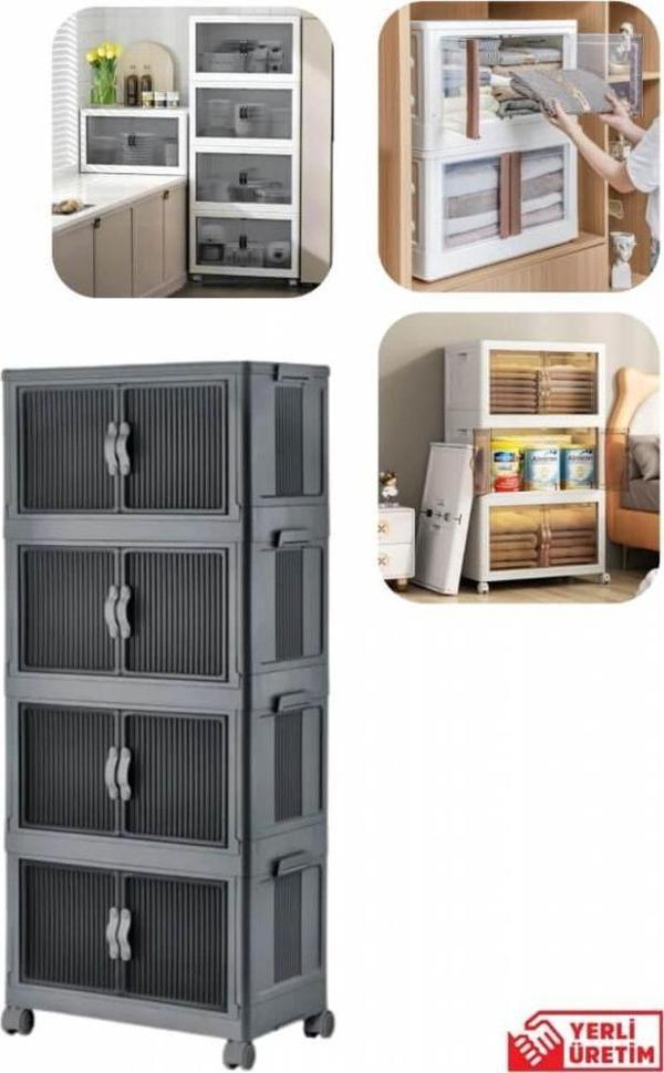 Piev Emayhome Çok Amaçlı Kapaklı Portatif İstiflenebilir Tekerlekli Organizer Dolap 4 Lü Antrasit - Image 1