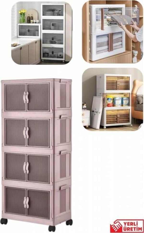 Piev Emayhome Çok Amaçlı Kapaklı Portatif İstiflenebilir Tekerlekli Organizer Dolap 4 Lü Pembe - Image 1