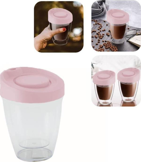 Piev Kapaklı El Yakmaz Şeffaf Çay Kahve Termos Bardak Pembe - Image 1