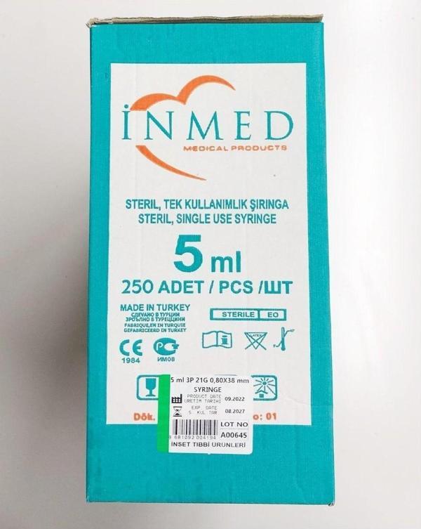 İnmed Enjektör Iğneli 0,80X38 Mm 5 Ml 3P 21G Koli 1000 Adet - Image 1