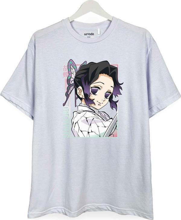 Shinobu Kocho Kimetsu no Yaiba Baskılı Loose Fit Bisiklet Yaka Tişört Anime Manga - Image 1