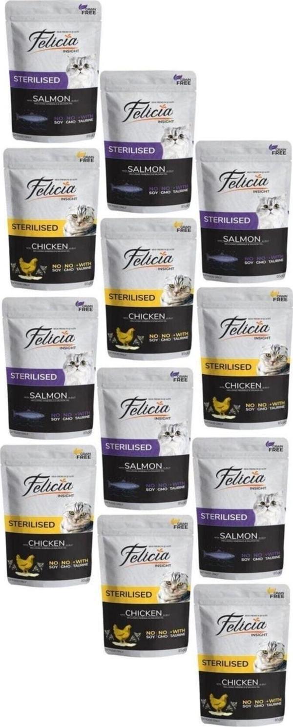 Felicia Tahılsız Yetişkin Sterilised Kısırlaştırılmış Yaş 85 Gr Karışık Paket Somon-tavuk (12 Adet) - Image 1
