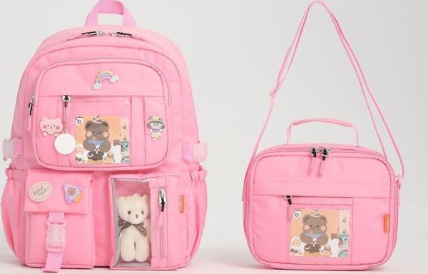 Roxbros Kawaii Kore Tarzı Aksesuarlı Ilkokul Sırt Çantası Kız Ve Isı Yalıtımlı Termoslu Beslenme Çantası Set Pembe - Image 1